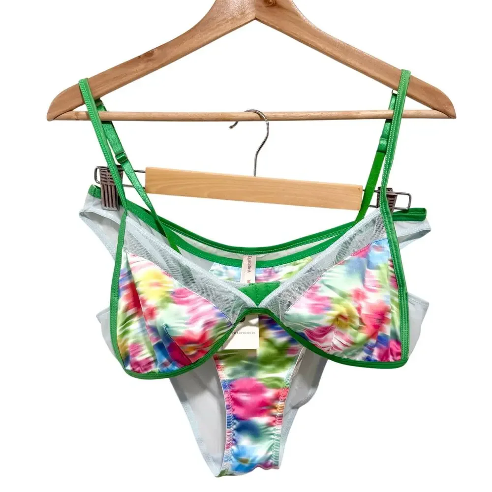 Anthropologie LyreBird Lingerie Set M NWT Green Patt Watercolor Mesh Bra Panty
